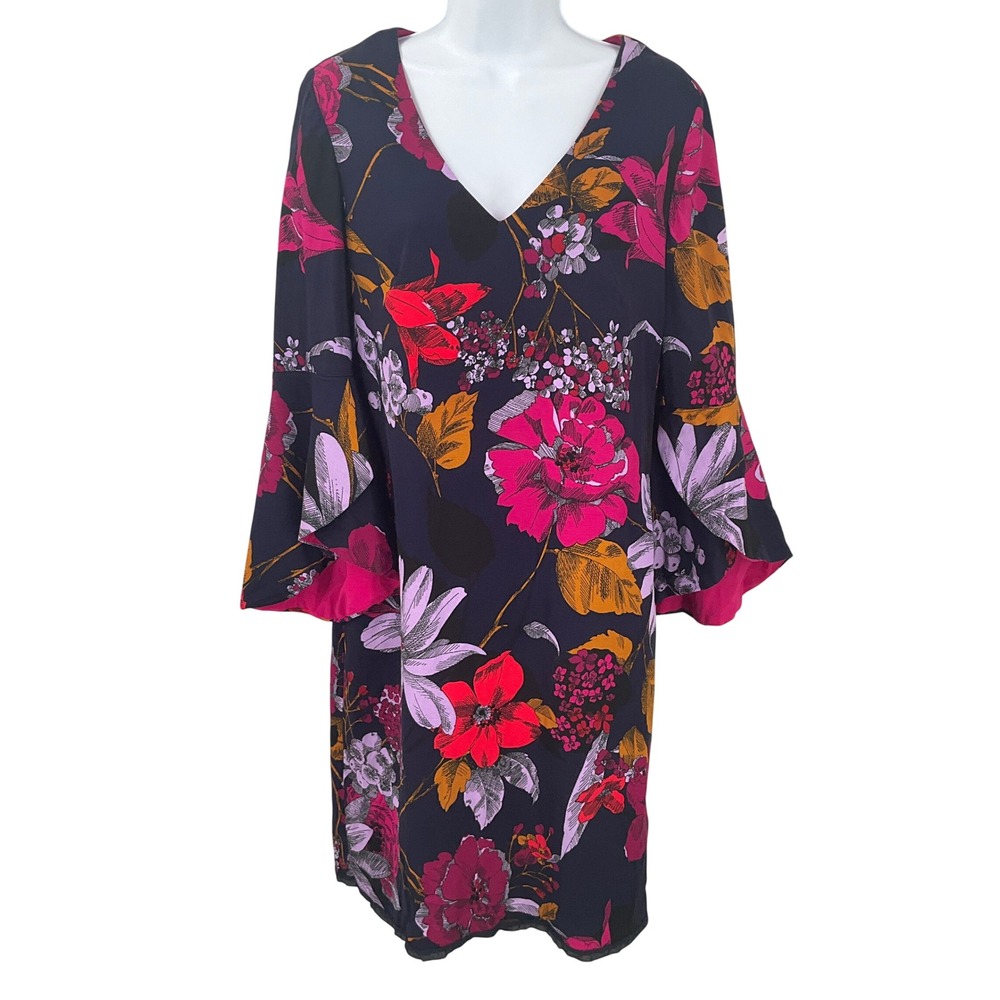 Trina Turk Floral Shift Dress Women Sz L? Bell Sleeve Botanical Colorful Flowy